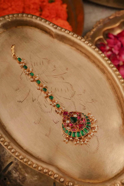 Gold Plated Uncut Polki & Beaded Jadau Maangtikka