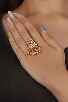 Gold Plated Uncut Polki & Beaded Jadau Ring