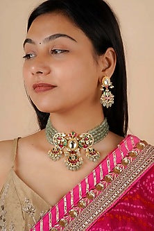 Gold Plated Uncut Polki & Beaded Jadau Choker Necklace Set