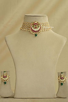 Gold Plated Uncut Polki & Beaded Jadau Choker Necklace Set