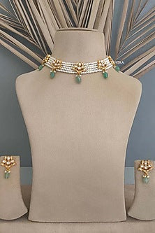 Gold Plated Uncut Polki & Beaded Jadau Choker Necklace Set