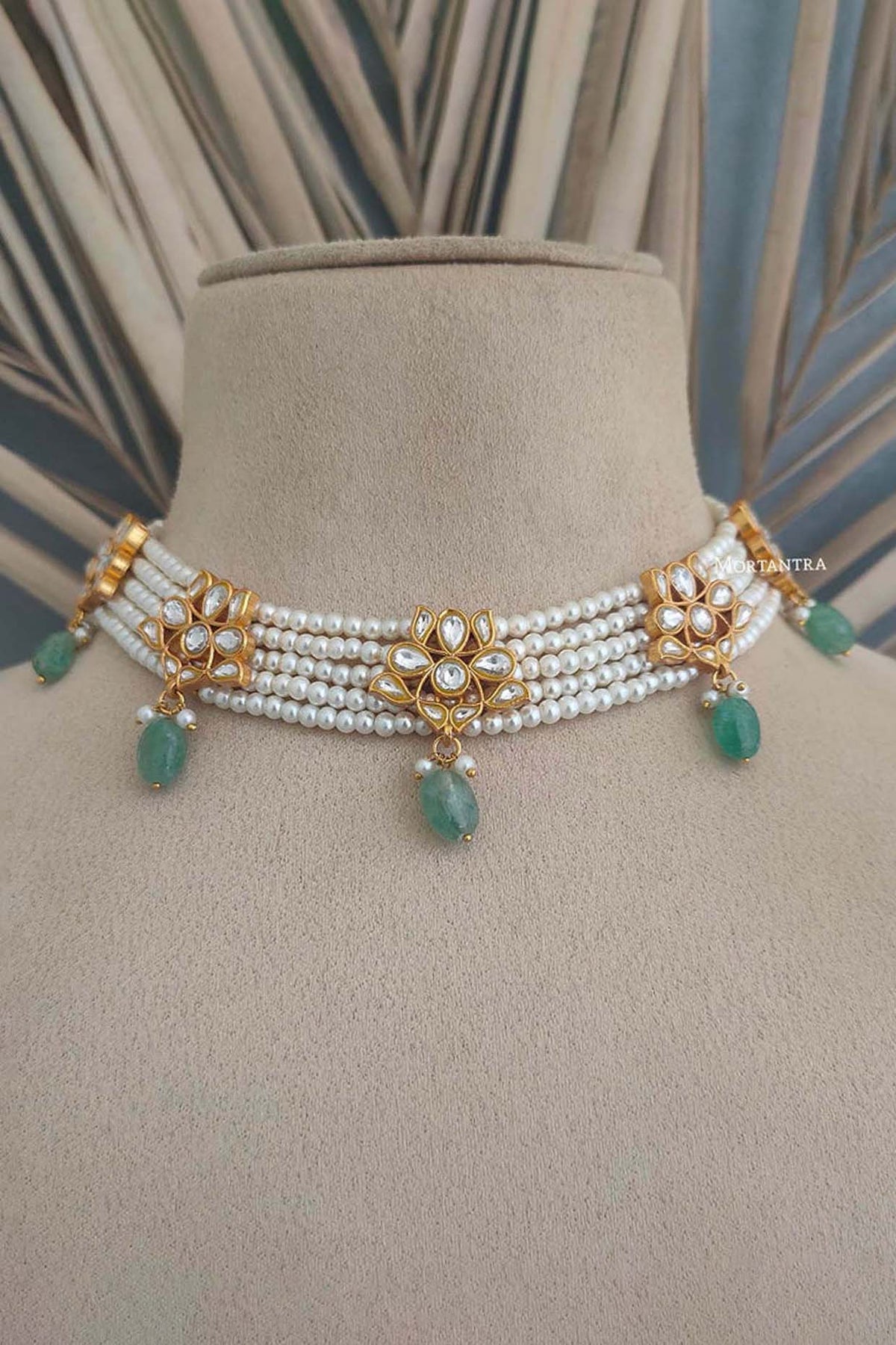 Gold Plated Uncut Polki & Beaded Jadau Choker Necklace Set