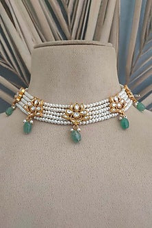 Gold Plated Uncut Polki & Beaded Jadau Choker Necklace Set