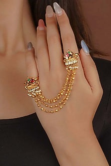 Gold Plated Uncut Polki & Beaded Jadau Ring