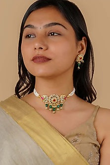 Gold Plated Uncut Polki & Beaded Jadau Choker Necklace Set