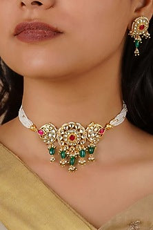 Gold Plated Uncut Polki & Beaded Jadau Choker Necklace Set
