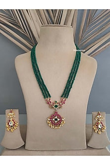 Gold Plated Uncut Polki & Beaded Jadau Long Necklace Set