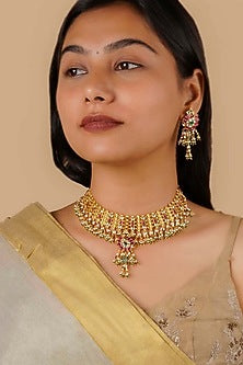 Gold Plated Uncut Polki & Beaded Jadau Choker Necklace Set