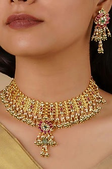 Gold Plated Uncut Polki & Beaded Jadau Choker Necklace Set