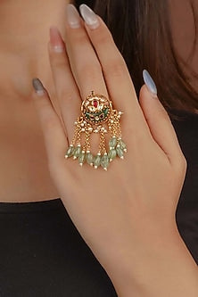 Gold Plated Uncut Polki & Beaded Jadau Ring