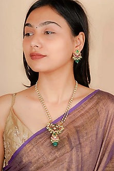 Gold Plated Uncut Polki & Beaded Jadau Long Necklace Set