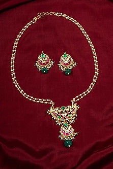 Gold Plated Uncut Polki & Beaded Jadau Long Necklace Set