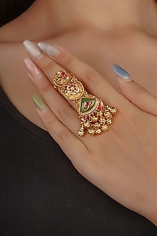 Gold Plated Uncut Polki & Beaded Jadau Ring