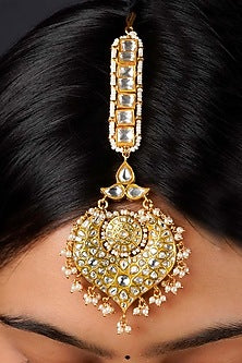 Gold Plated Uncut Polki & Beaded Jadau Maangtikka