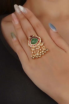 Gold Plated Uncut Polki & Beaded Jadau Ring