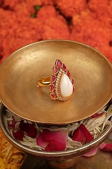 Gold Plated Uncut Polki & Beaded Jadau Ring