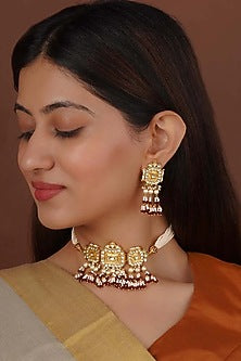 Gold Plated Uncut Polki & Beaded Jadau Choker Necklace Set