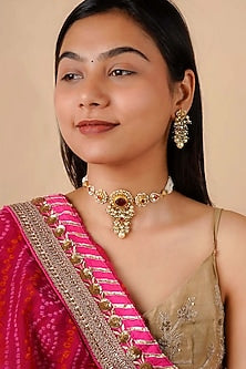 Gold Plated Uncut Polki & Beaded Jadau Choker Necklace Set
