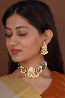 Gold Plated Uncut Polki & Beaded Jadau Choker Necklace Set