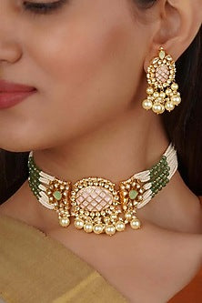 Gold Plated Uncut Polki & Beaded Jadau Choker Necklace Set