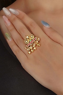 Gold Plated Uncut Polki & Beaded Jadau Ring