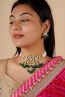 Gold Plated Uncut Polki & Beaded Jadau Choker Necklace Set