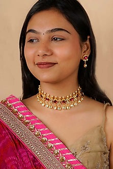 Gold Plated Uncut Polki & Beaded Jadau Choker Necklace Set