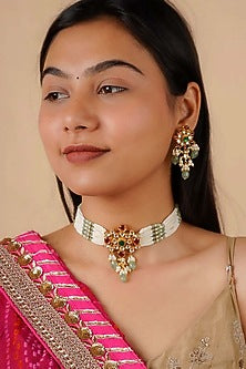 Gold Plated Uncut Polki & Beaded Jadau Choker Necklace Set