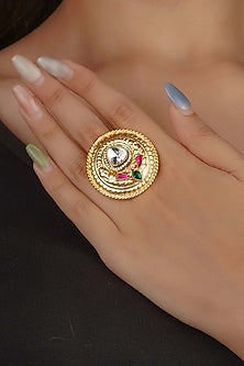 Gold Plated Uncut Polki & Beaded Jadau Ring