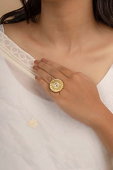 Gold Plated Uncut Polki & Beaded Jadau Ring