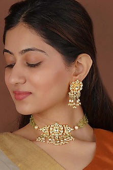 Gold Plated Uncut Polki & Beaded Jadau Choker Necklace Set