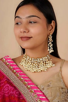 Gold Plated Uncut Polki & Beaded Jadau Choker Necklace Set