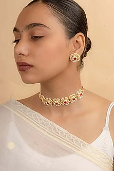 Gold Plated Uncut Polki & Beaded Jadau Choker Necklace Set