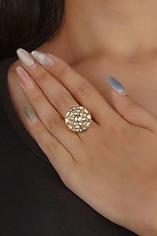 Gold Plated Uncut Polki & Beaded Jadau Ring