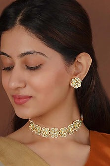 Gold Plated Uncut Polki & Beaded Jadau Choker Necklace Set