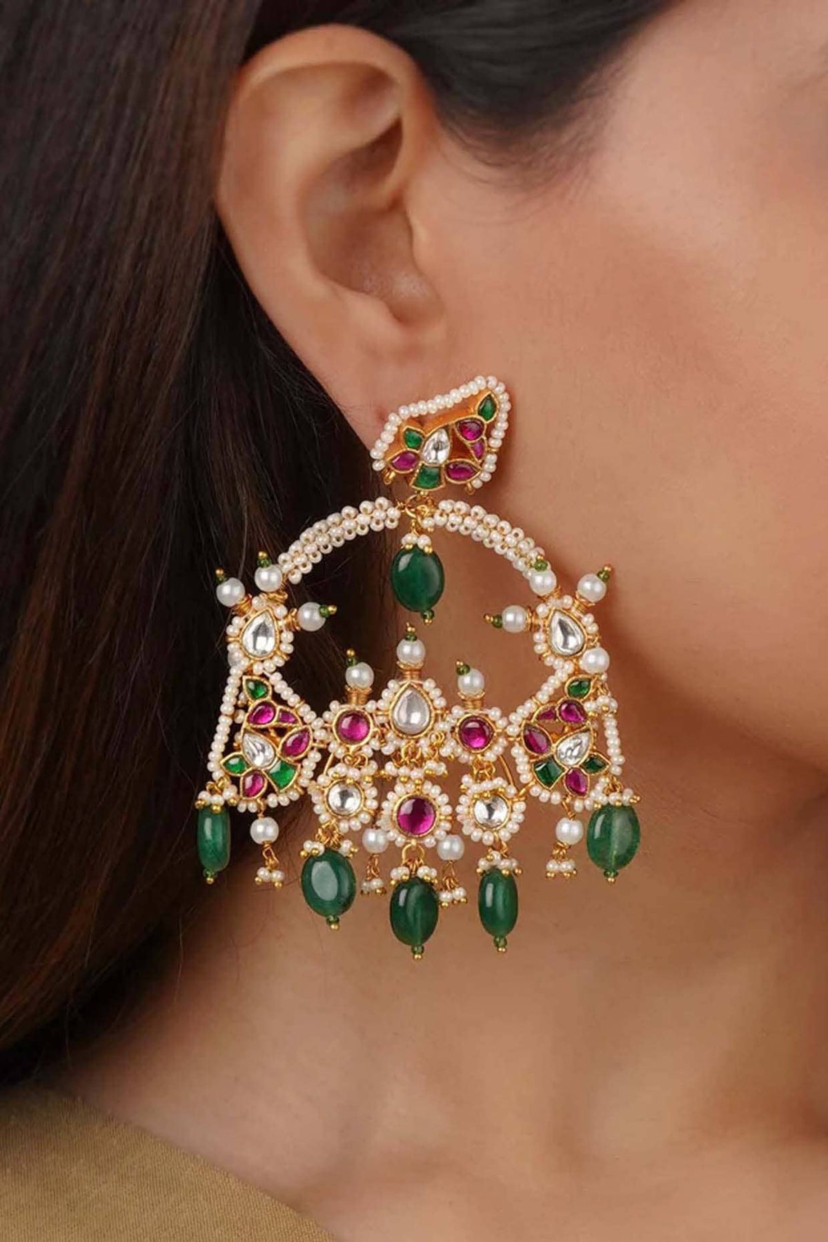 Gold Plated Uncut Polki & Beaded Jadau Dangler Earrings