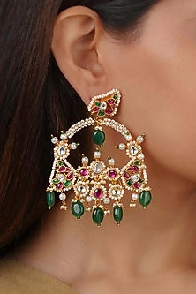 Gold Plated Uncut Polki & Beaded Jadau Dangler Earrings