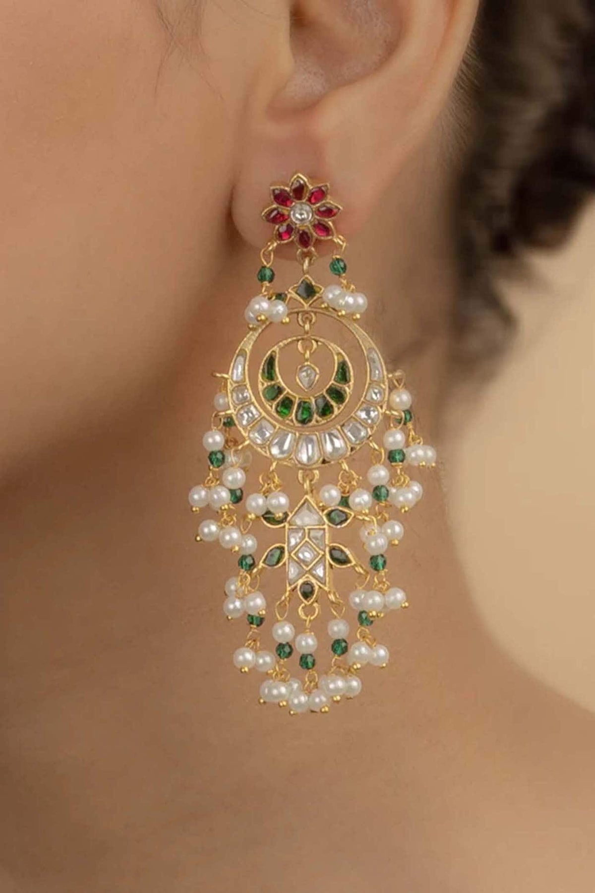 Gold Plated Uncut Polki & Beaded Jadau Dangler Earrings