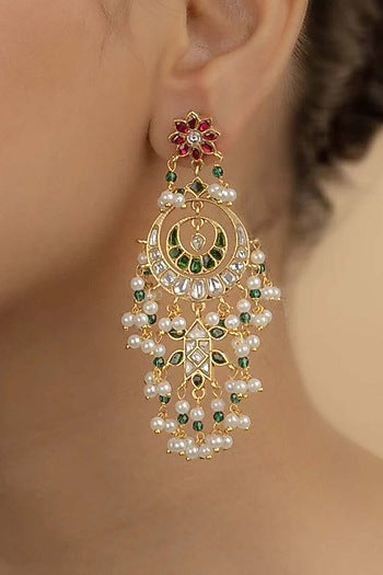 Gold Plated Uncut Polki & Beaded Jadau Dangler Earrings