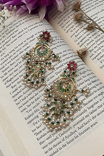 Gold Plated Uncut Polki & Beaded Jadau Dangler Earrings