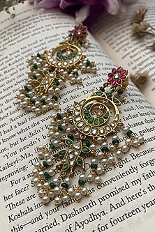 Gold Plated Uncut Polki & Beaded Jadau Dangler Earrings