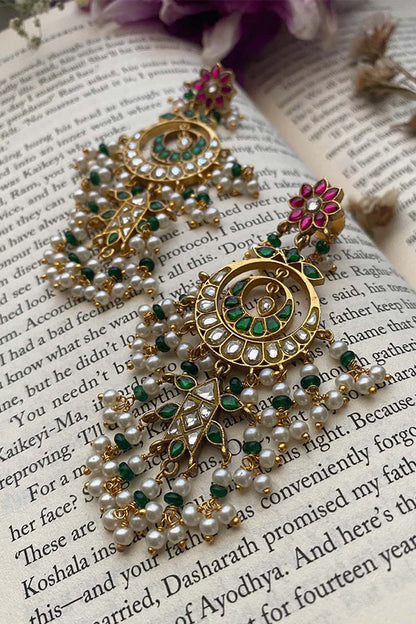 Gold Plated Uncut Polki & Beaded Jadau Dangler Earrings