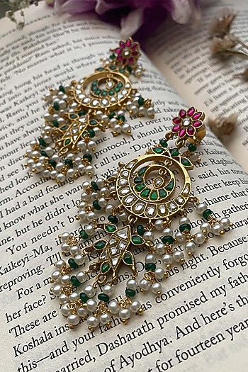 Gold Plated Uncut Polki & Beaded Jadau Dangler Earrings