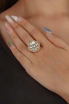 Gold Plated Uncut Polki & Beaded Jadau Ring