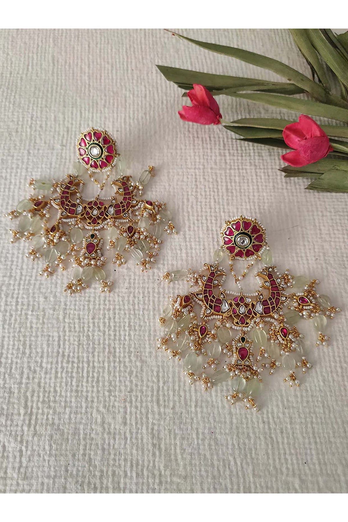Gold Plated Uncut Polki & Beaded Jadau Dangler Earrings