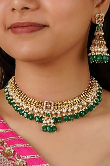 Gold Plated Uncut Polki & Beaded Jadau Choker Necklace Set