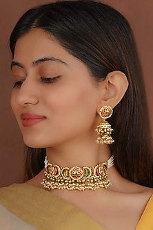 Gold Plated Uncut Polki & Beaded Jadau Choker Necklace Set