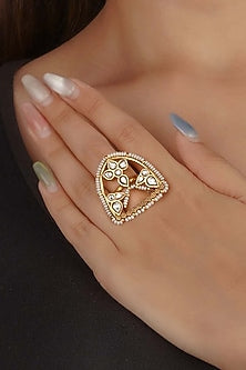 Gold Plated Uncut Polki & Beaded Jadau Ring