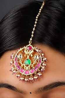 Gold Plated Uncut Polki & Beaded Jadau Maangtikka