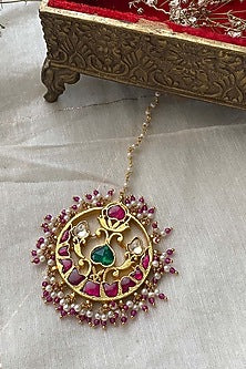 Gold Plated Uncut Polki & Beaded Jadau Maangtikka